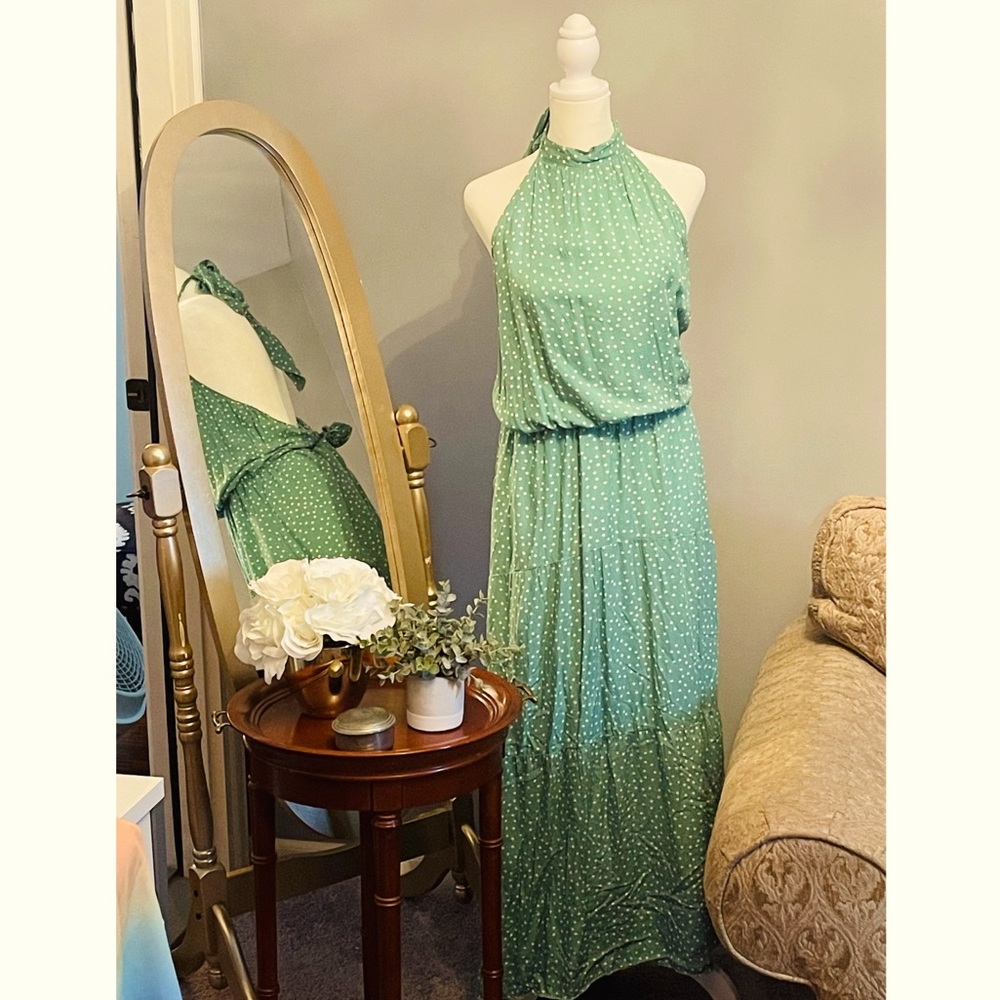 High tie neck green and white polka dot maxi dress